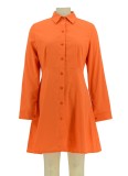Autumn Orange Ruffles Botton-Open Long Sleeve Shirt Dress