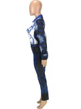 Autumn Blue Retro Print Long Sleeve Shirt and Pant Set