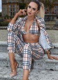 Autumn Casaul Check Design Long sleeve Turn down Collar Outer & Bra and Pant Set