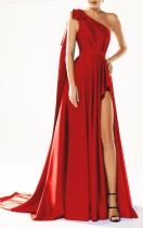 Summer Elegant Red One Shoulder Sleeveless Slit Long Evening Dress