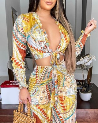 Autumn Ethnic Print Long Sleeve Crop Top and Wide Pant Set