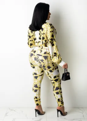 Autumn Casaul Retro Print Long Sleeve Shirt and Pant Set