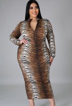 Fall Plus Size Tiger Stripe Print Zip Up Long Dress