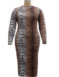Fall Plus Size Tiger Stripe Print Zip Up Long Dress