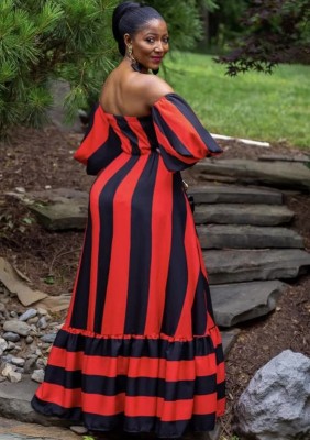 Fall Off Shoulder Red Stripe Print Swing Maxing Dress