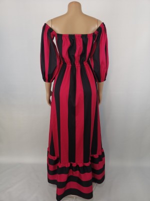 Fall Off Shoulder Rose Stripe Print Swing Maxing Dress