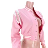 Autumn Casual Pink Long Sleeve Slim Short Baseball Jacket