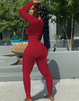 Fall Sexy Red U Neck Slim Top and Matching Pant Set
