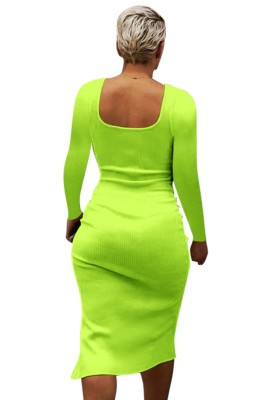 Autumn Sexy Green U-Neck Long Sleeve Button Slit Midi Dress