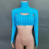 Autumn Casual Blue Hollow out High neck Long Sleeve Crop Top
