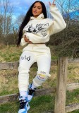 Autumn Casual White Print Long Sleeve Hoodies and pant Tracksuit