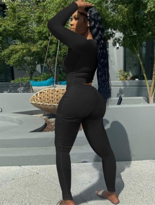 Fall Sexy Black U Neck Slim Top and Matching Pant Set
