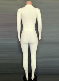 Autumn Casual White Button Up Long Sleeve Slim Jumpsuit