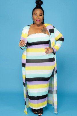 Fall Plus Size Multicolor Stripe Tube Long Dress and Matching Coat Set