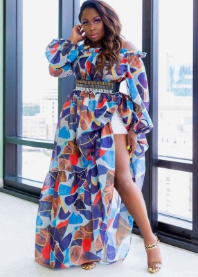 Fall Plus Size Colorful Off Shoulder Ruffled Maxi Dress