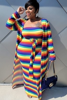 Fall Plus Size Multicolor Stripe Tube Long Dress and Matching Coat Set