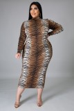 Fall Plus Size Tiger Stripe Print Zip Up Long Dress