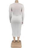 Autumn Plus Size Casual White Button Round Neck Long Sleeve Long Dress