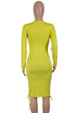 Autumn Sexy Yellow Round Neck Long Sleeve Tied Midi Dress