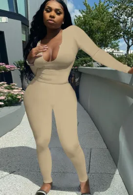 Fall Sexy Khaki U Neck Slim Top and Matching Pant Set