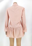 Autumn Casual Pink Turn Down Collar Ruffles Short Shirt Dress