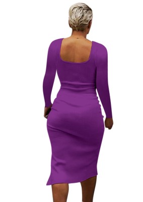 Autumn Sexy Purple U-Neck Long Sleeve Button Slit Midi Dress