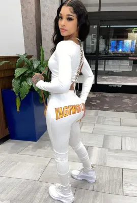 Autumn Casual White Long Sleeve Backside Bandage Crop Top and Letter Print Pant Set