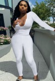 Fall Sexy White U Neck Slim Top and Matching Pant Set