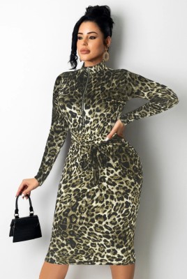 Fall Sexy Green Leopard Zip Up Long Sleeve Midi Dress