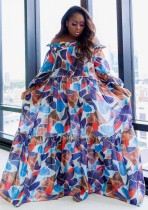 Fall Plus Size Colorful Off Shoulder Ruffled Maxi Dress