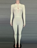 Autumn Casual White Button Up Long Sleeve Slim Jumpsuit