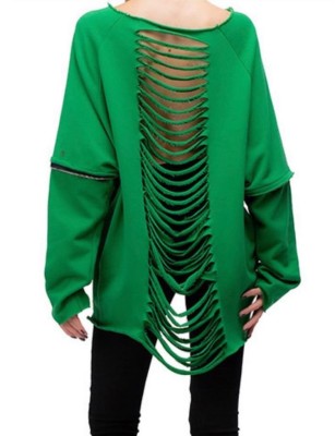 Autumn Casual Green O-Neck Long Sleeve Cut line Sweater
