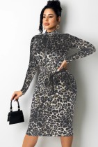 Fall Sexy Black Leopard Zip Up Long Sleeve Midi Dress