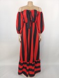 Fall Off Shoulder Red Stripe Print Swing Maxing Dress