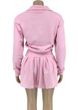 Autumn Casual Pink Turn-down Collar Long Sleeve Top and Ruffles Mini Dress Set