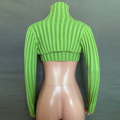 Autumn Casual Green Hollow out High neck Long Sleeve Crop Top