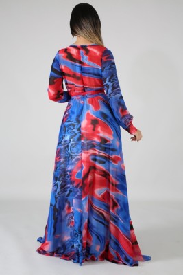 Fall Colorful Wrap Neck Long Sleeve Maxi Dress