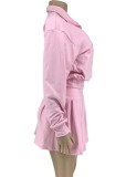 Autumn Casual Pink Turn-down Collar Long Sleeve Top and Ruffles Mini Dress Set