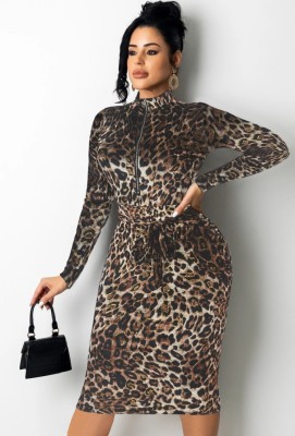 Fall Sexy Brown Leopard Zip Up Long Sleeve Midi Dress