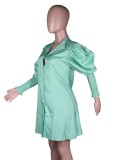 Fall Casual Green Lantern Sleeve Mini Shirt Dress