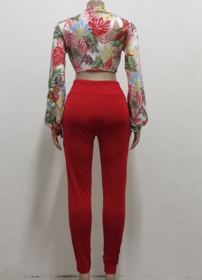 Fall Sexy Red Floral Knotted Crop Top and Slim Pant Set