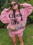 Fall Casual print Pink Oversize Sweater and Matching Shorts Set