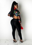 Fall Sexy Black Floral Knotted Crop Top and Slim Pant Set