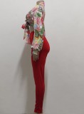 Fall Sexy Red Floral Knotted Crop Top and Slim Pant Set