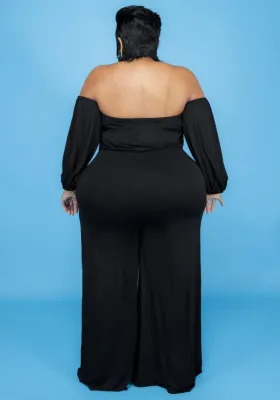 Fall Plus Size Black Off Shoulder Loose Jumpsuit