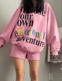 Fall Casual print Pink Oversize Sweater and Matching Shorts Set