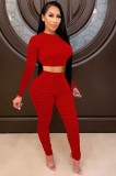 Autumn Party Sexy Tight Crop Top and Pants Set Red