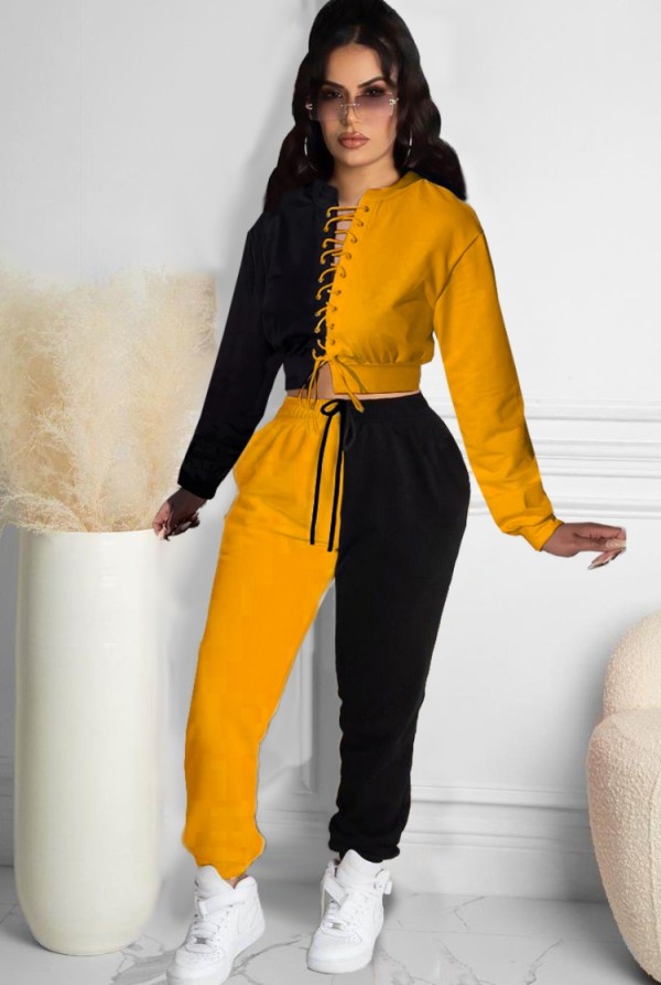 Autumn Contrast Color Lace-Up Top and Pants Tracksuit