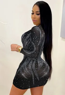 Autumn Sexy Black Beaded Party Bodycon Dress