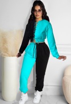 Autumn Contrast Color Lace-Up Top and Pants Tracksuit